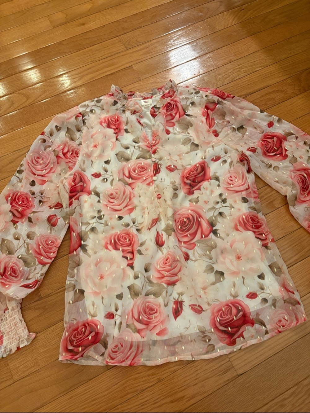 Autres Filles Floral Sheer Blouse in Pink and Cream - Romantic Ruffle Neck